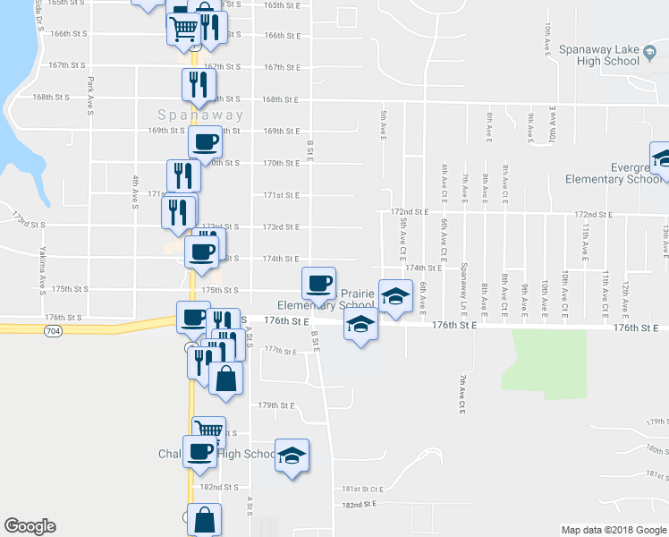 map of restaurants, bars, coffee shops, grocery stores, and more near 215 175th Street East in Spanaway