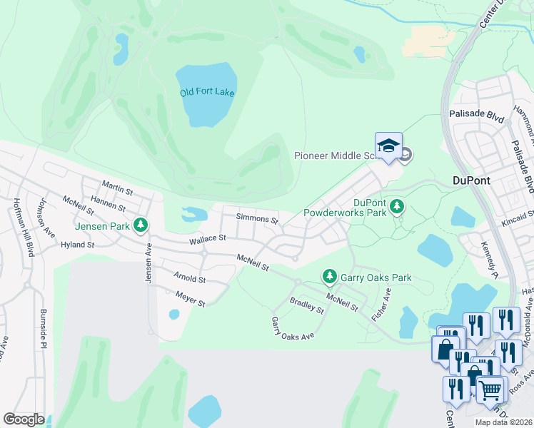 map of restaurants, bars, coffee shops, grocery stores, and more near 2055 Simmons Street in DuPont