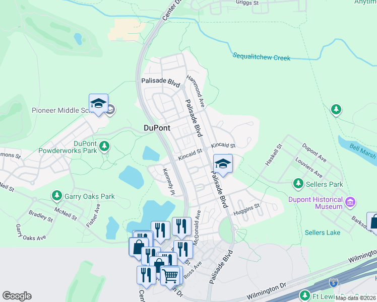 map of restaurants, bars, coffee shops, grocery stores, and more near 1448 Kittson Street in DuPont