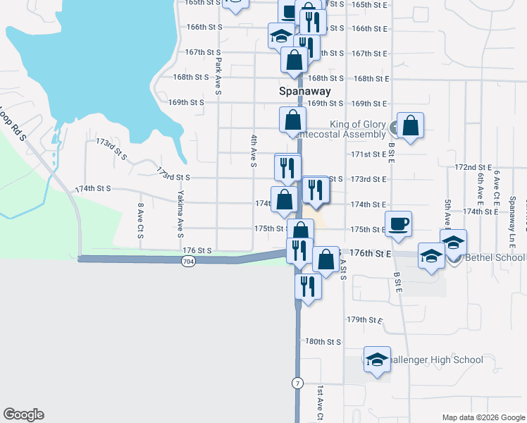 map of restaurants, bars, coffee shops, grocery stores, and more near 17421 4th Avenue South in Spanaway