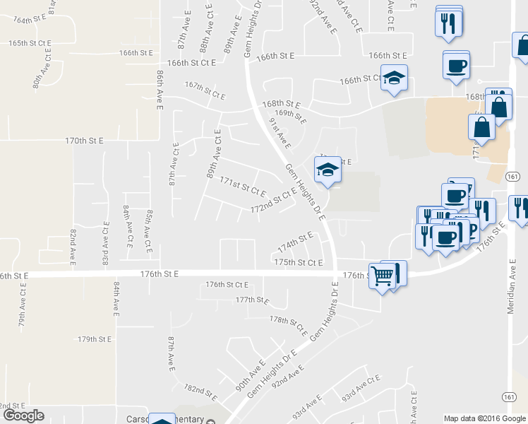 map of restaurants, bars, coffee shops, grocery stores, and more near 17209 91st Avenue East in Puyallup