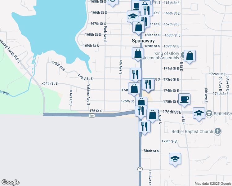 map of restaurants, bars, coffee shops, grocery stores, and more near 427 175th Street South in Spanaway
