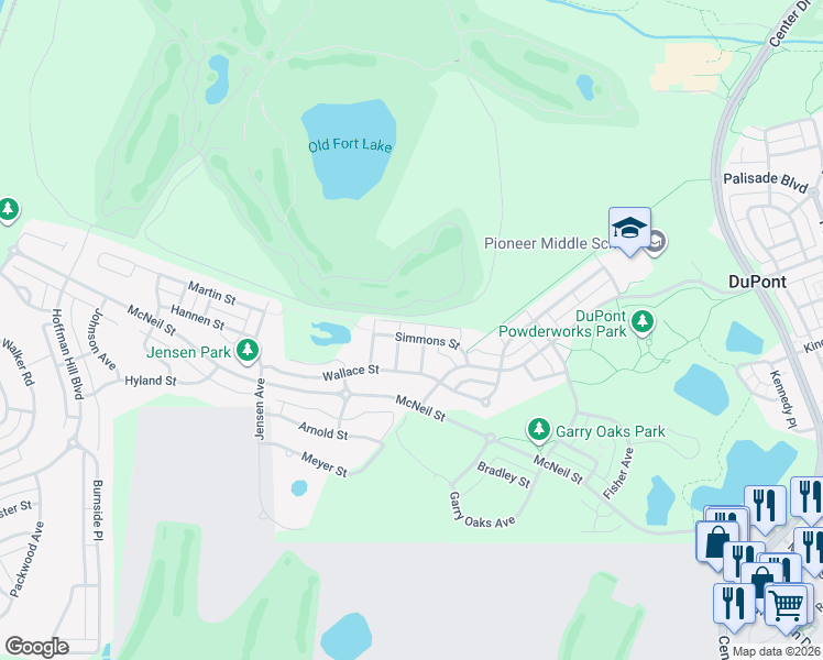 map of restaurants, bars, coffee shops, grocery stores, and more near 2370 Simmons Street in DuPont