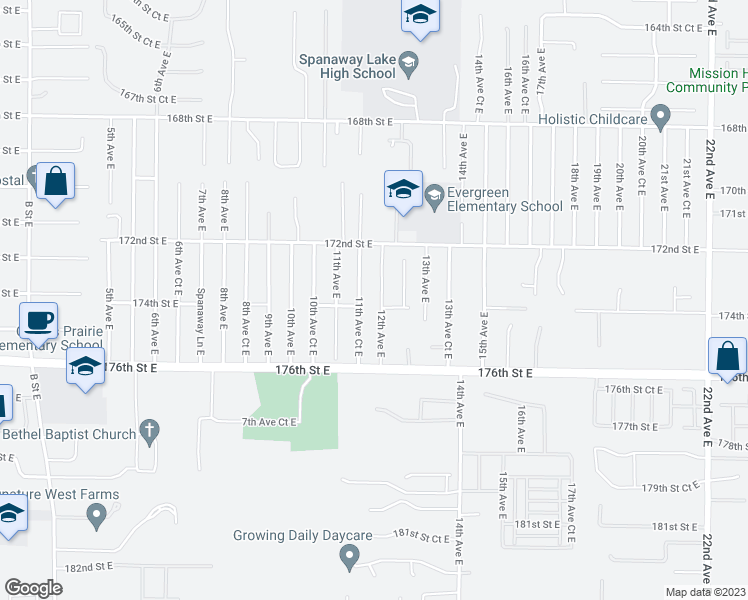 map of restaurants, bars, coffee shops, grocery stores, and more near 17322 12th Avenue East in Spanaway