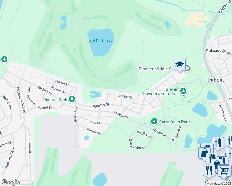 map of restaurants, bars, coffee shops, grocery stores, and more near 2390B Simmons Street in DuPont