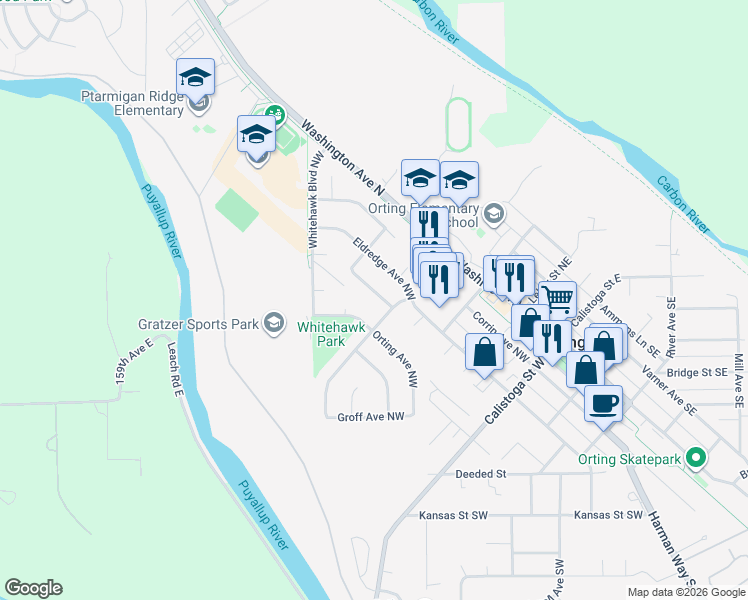 map of restaurants, bars, coffee shops, grocery stores, and more near 405 Kensington Avenue Northwest in Orting