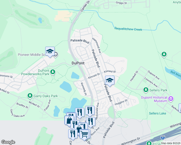map of restaurants, bars, coffee shops, grocery stores, and more near 1536 Kincaid Street in DuPont