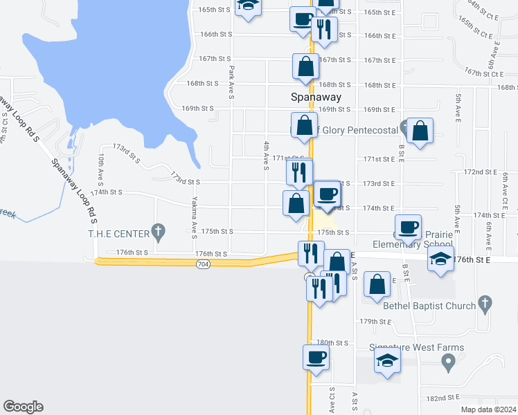 map of restaurants, bars, coffee shops, grocery stores, and more near 406 174th Street South in Spanaway