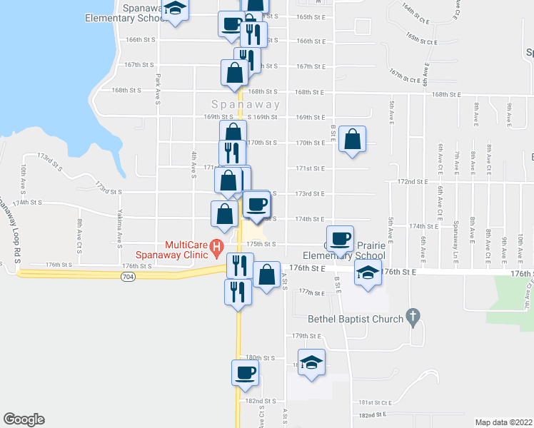 map of restaurants, bars, coffee shops, grocery stores, and more near 123 174th Street South in Spanaway