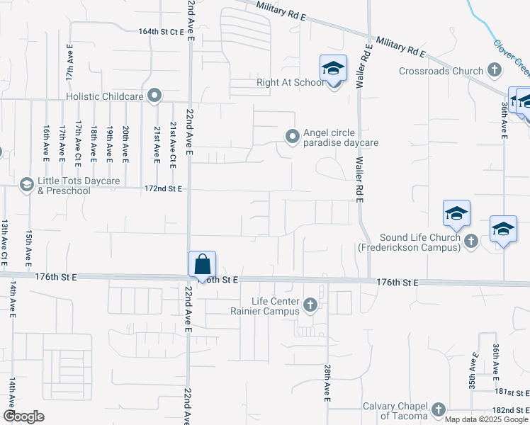 map of restaurants, bars, coffee shops, grocery stores, and more near 2528 172nd Street Court East in Tacoma