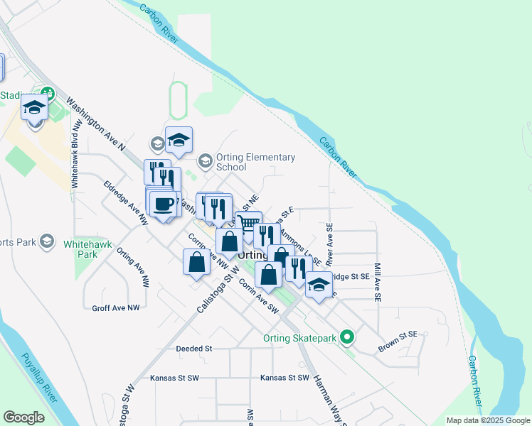map of restaurants, bars, coffee shops, grocery stores, and more near 114 Ammons Lane Northeast in Orting