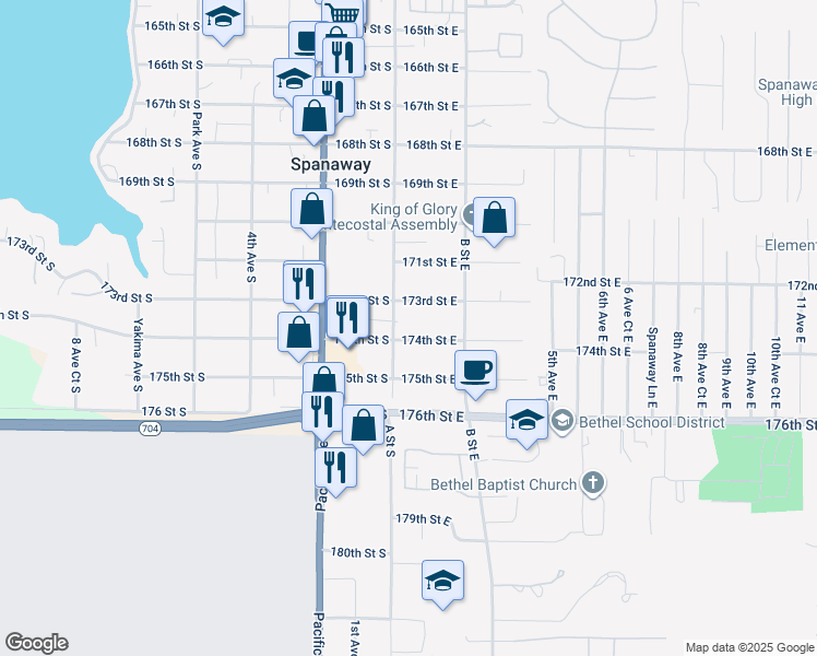 map of restaurants, bars, coffee shops, grocery stores, and more near 108 173rd Street East in Spanaway