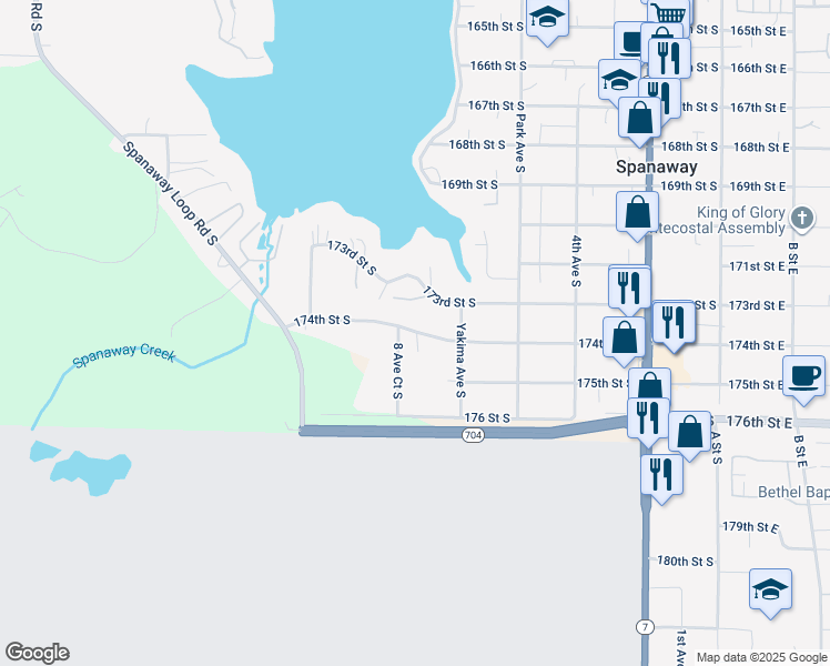 map of restaurants, bars, coffee shops, grocery stores, and more near 815 174th Street South in Spanaway