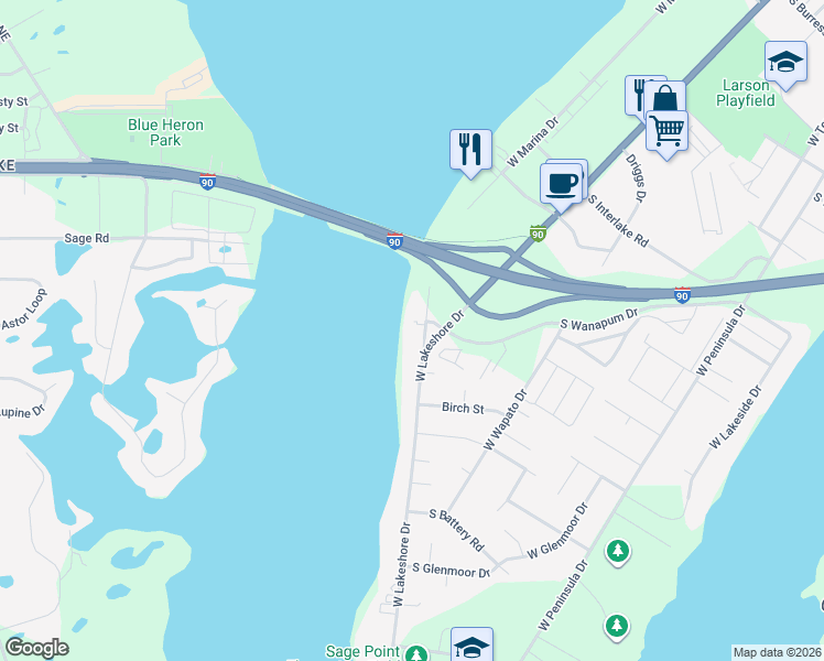 map of restaurants, bars, coffee shops, grocery stores, and more near 3200 West Lakeshore Court in Moses Lake