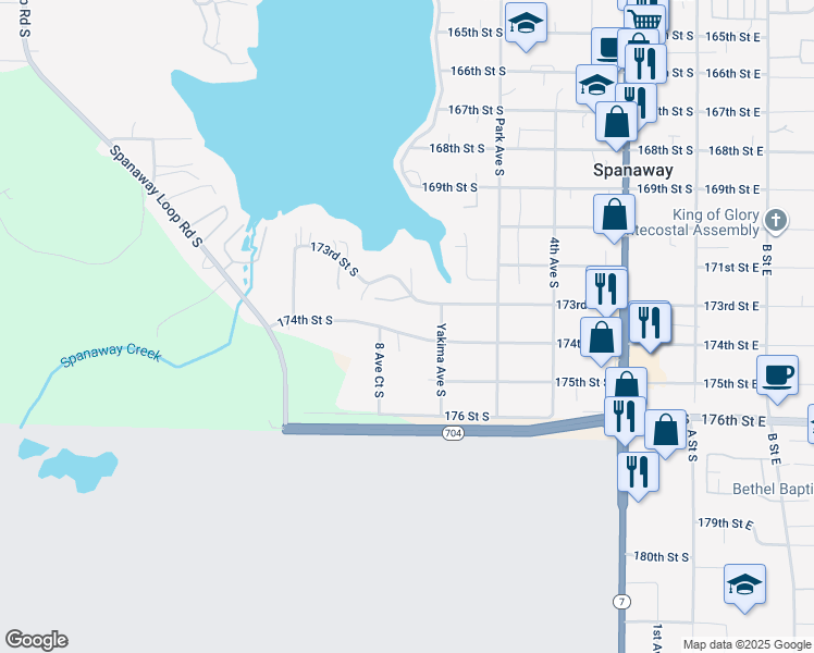 map of restaurants, bars, coffee shops, grocery stores, and more near 815 174th Street South in Spanaway