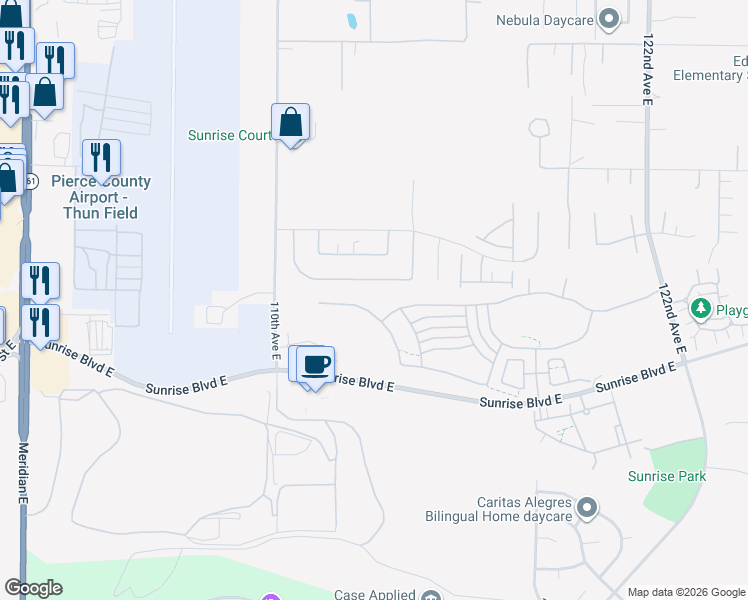 map of restaurants, bars, coffee shops, grocery stores, and more near 11309 172nd Street Court East in Puyallup