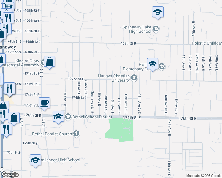 map of restaurants, bars, coffee shops, grocery stores, and more near 17224 9th Avenue East in Spanaway