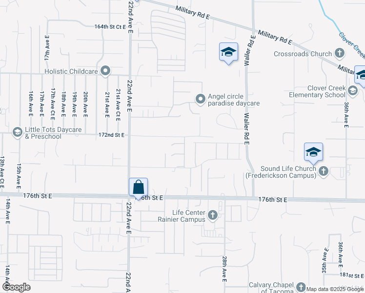 map of restaurants, bars, coffee shops, grocery stores, and more near 2528 172nd Street Court East in Tacoma