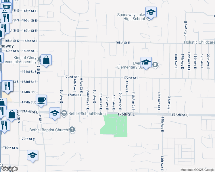 map of restaurants, bars, coffee shops, grocery stores, and more near 17223 8th Avenue Court East in Spanaway