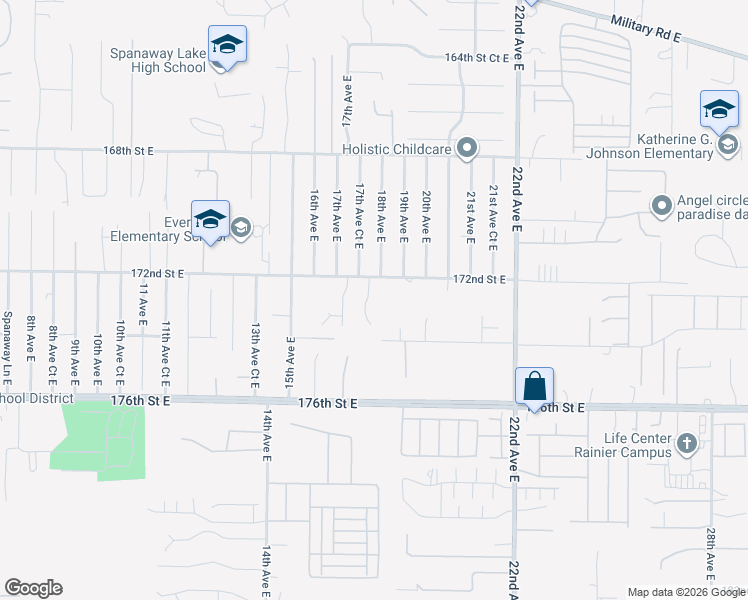 map of restaurants, bars, coffee shops, grocery stores, and more near 17215 18th Ave E in Spanaway