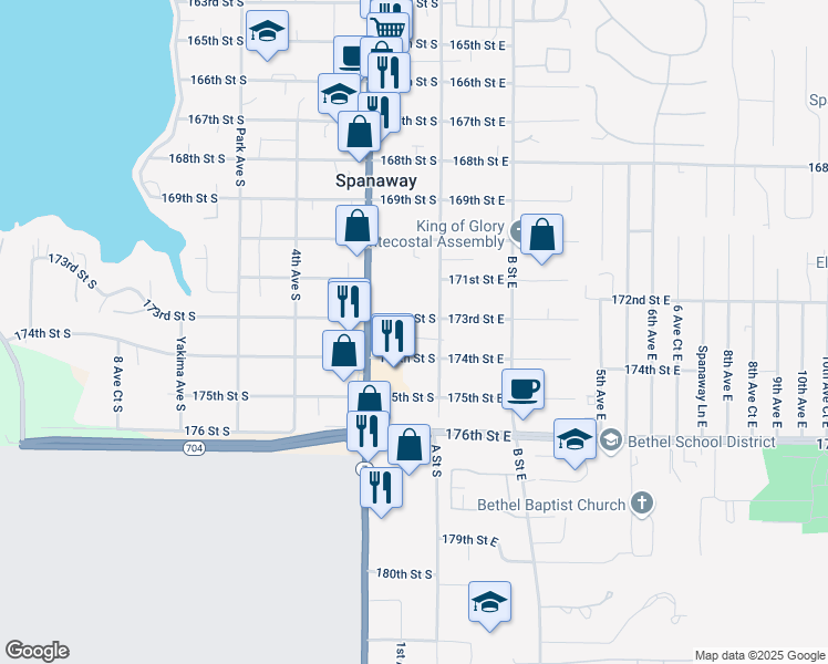 map of restaurants, bars, coffee shops, grocery stores, and more near 116 173rd Street South in Spanaway