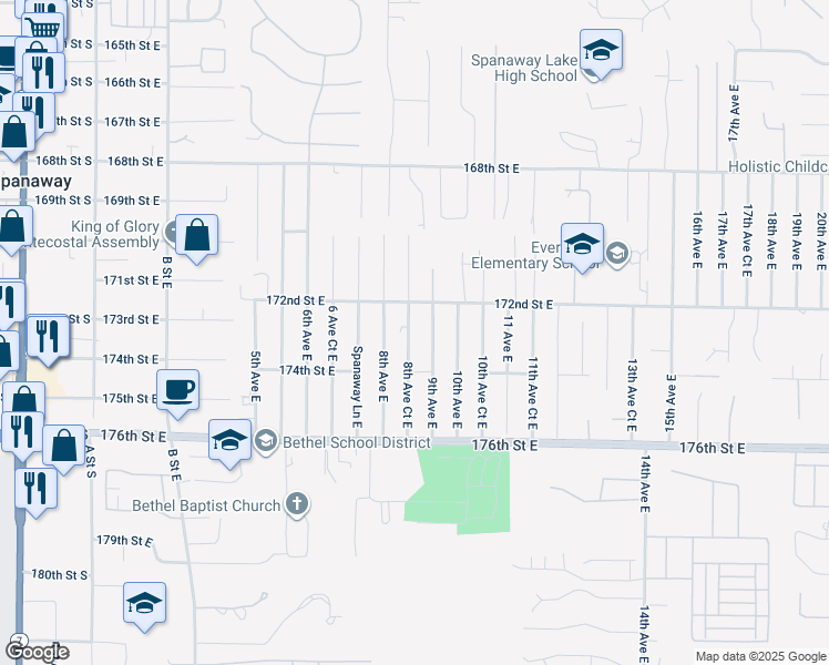 map of restaurants, bars, coffee shops, grocery stores, and more near 17223 8th Avenue Court East in Spanaway