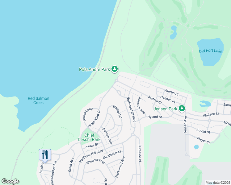 map of restaurants, bars, coffee shops, grocery stores, and more near 3073 O'brien Street in DuPont