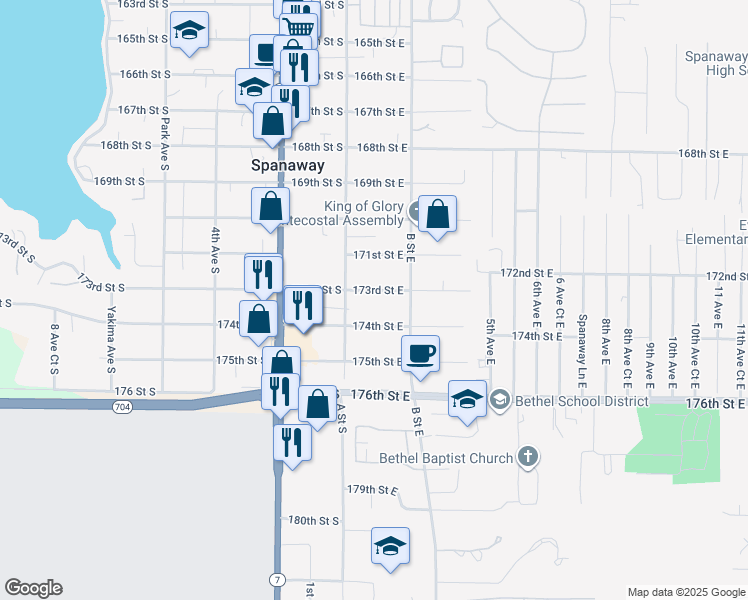 map of restaurants, bars, coffee shops, grocery stores, and more near 124 173rd Street East in Spanaway
