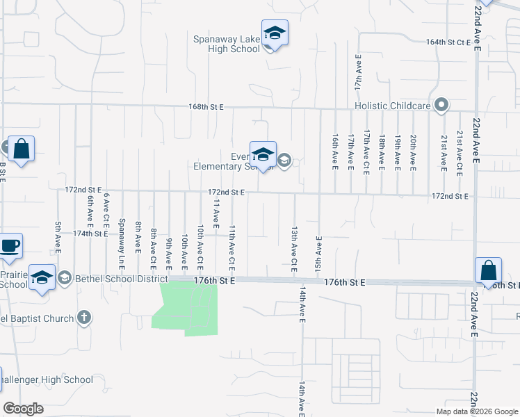 map of restaurants, bars, coffee shops, grocery stores, and more near 17216 12th Avenue Court East in Spanaway