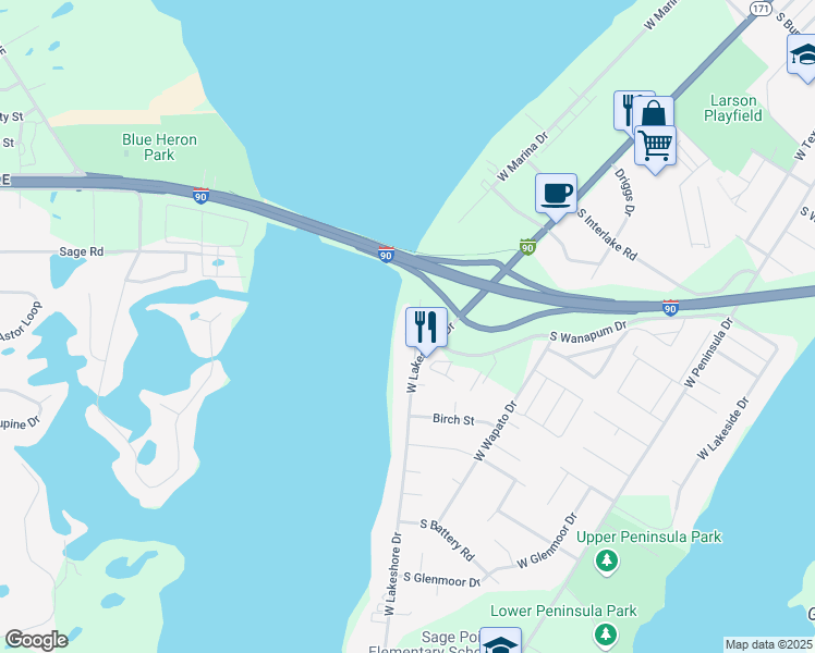 map of restaurants, bars, coffee shops, grocery stores, and more near 3200 West Lakeshore Court in Moses Lake