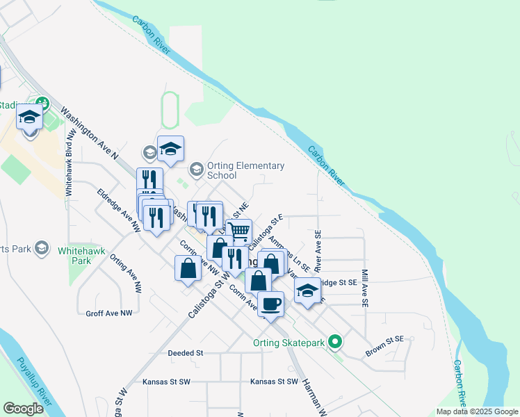 map of restaurants, bars, coffee shops, grocery stores, and more near 114 Ammons Lane Northeast in Orting