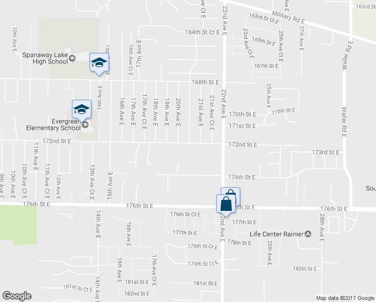 map of restaurants, bars, coffee shops, grocery stores, and more near 2014 172nd Street East in Spanaway