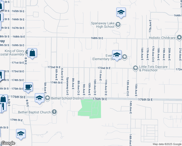 map of restaurants, bars, coffee shops, grocery stores, and more near 17217 10th Avenue East in Spanaway