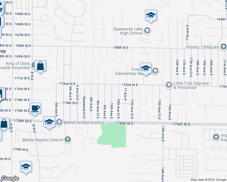 map of restaurants, bars, coffee shops, grocery stores, and more near 17217 10th Avenue East in Spanaway