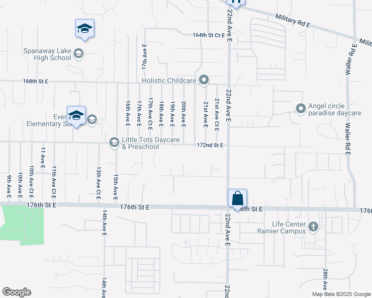 map of restaurants, bars, coffee shops, grocery stores, and more near 2014 172nd Street East in Spanaway
