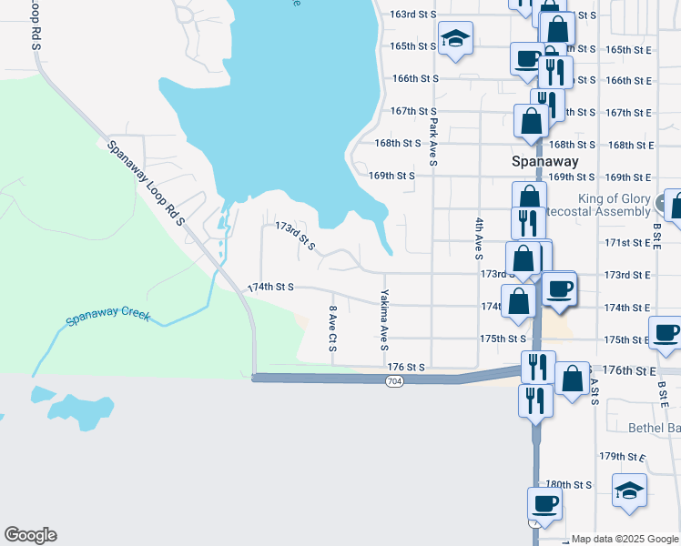 map of restaurants, bars, coffee shops, grocery stores, and more near 815 174th Street South in Spanaway