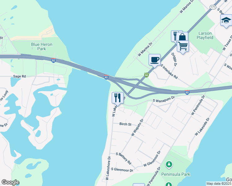 map of restaurants, bars, coffee shops, grocery stores, and more near 3200 West Lakeshore Court in Moses Lake
