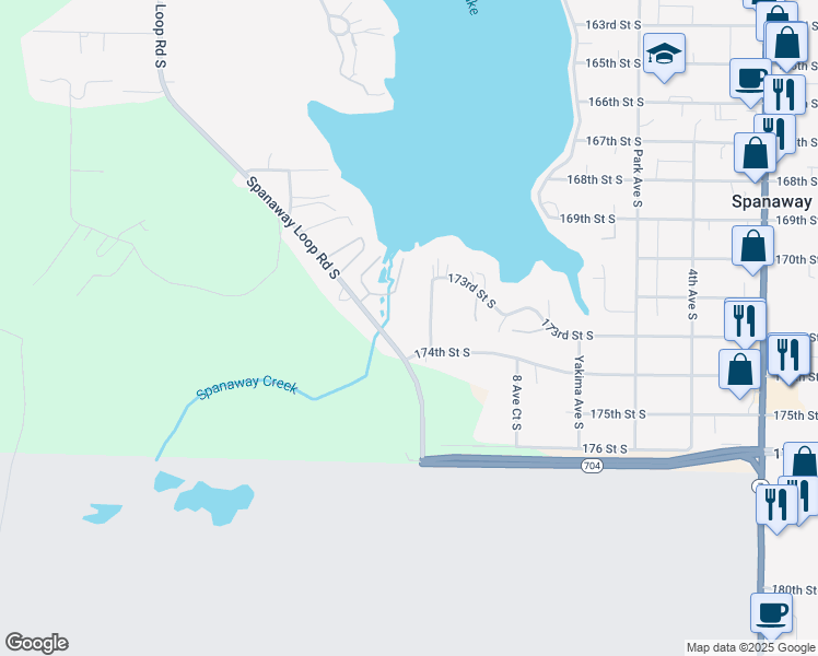 map of restaurants, bars, coffee shops, grocery stores, and more near 17306 10th Avenue South in Spanaway