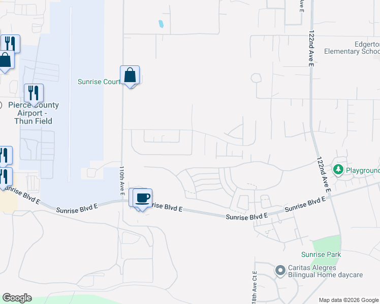 map of restaurants, bars, coffee shops, grocery stores, and more near 11507 172nd Street Court East in Puyallup