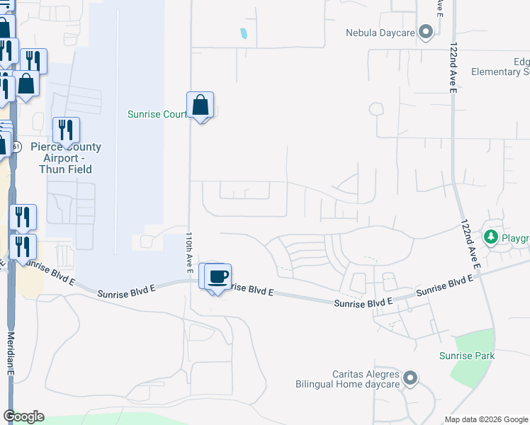 map of restaurants, bars, coffee shops, grocery stores, and more near 11309 172nd Street Court East in Puyallup