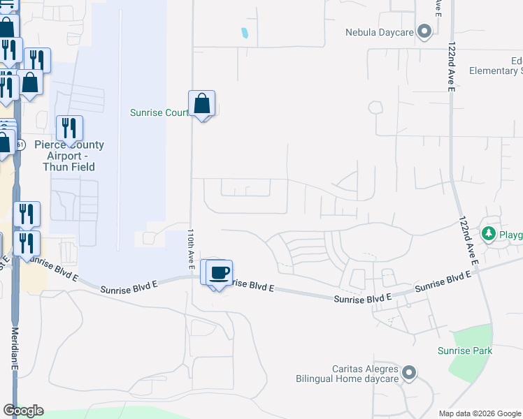 map of restaurants, bars, coffee shops, grocery stores, and more near 11309 172nd Street Court East in Puyallup