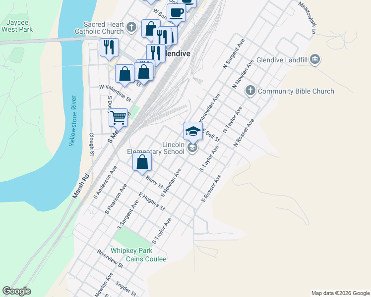 map of restaurants, bars, coffee shops, grocery stores, and more near 200 S Sargent Ave in Glendive