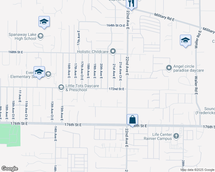 map of restaurants, bars, coffee shops, grocery stores, and more near 17032 20th Avenue Court East in Spanaway