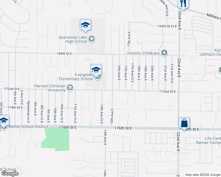 map of restaurants, bars, coffee shops, grocery stores, and more near 17111 14th Avenue East in Spanaway