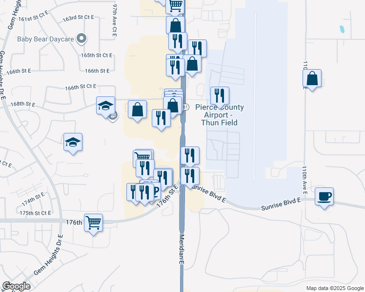 map of restaurants, bars, coffee shops, grocery stores, and more near 16918 Meridian Avenue East in Puyallup