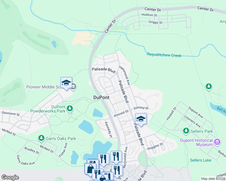 map of restaurants, bars, coffee shops, grocery stores, and more near 1452 Bobs Hollow Lane in DuPont