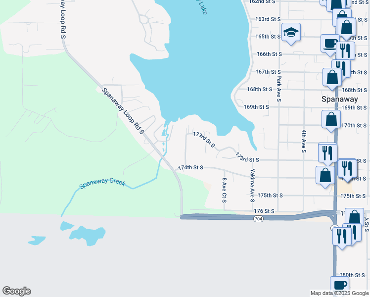 map of restaurants, bars, coffee shops, grocery stores, and more near 17306 10th Avenue South in Spanaway