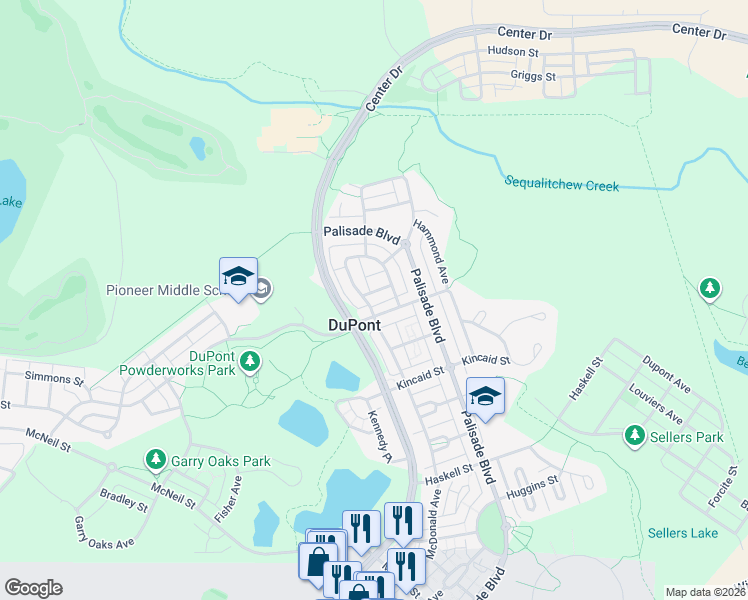 map of restaurants, bars, coffee shops, grocery stores, and more near 1497 Willson Avenue in DuPont