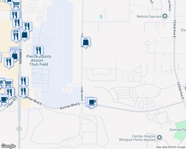 map of restaurants, bars, coffee shops, grocery stores, and more near 19002 111th Avenue Court East in South Hill