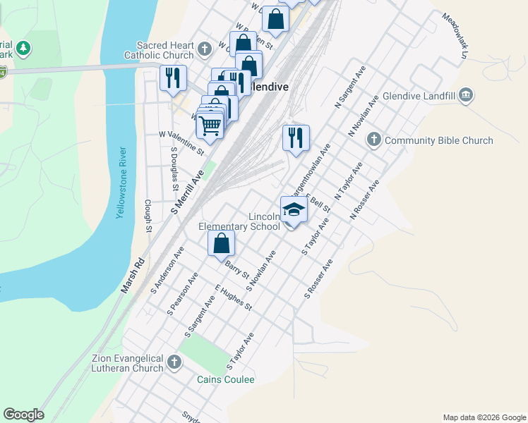 map of restaurants, bars, coffee shops, grocery stores, and more near 200 S Sargent Ave in Glendive